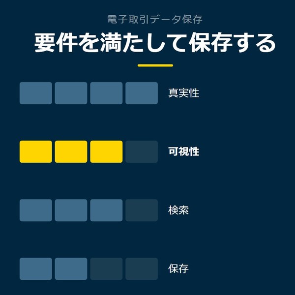 「要件を満たして保存する」を示す図です。真実性／可視性／検索／保存を並べています。強調しているのは可視性です。