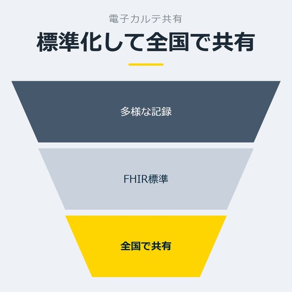 「標準化して全国で共有」を示す図です。多様な記録／FHIR標準／全国で共有を並べています。強調しているのは全国で共有です。