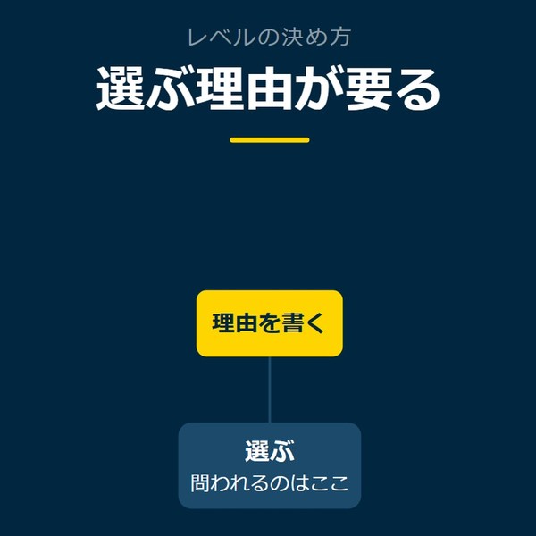「選ぶ理由が要る」を示す図です。選ぶ／理由を書くを並べています。強調しているのは理由を書くです。問われるのはここと添えています。