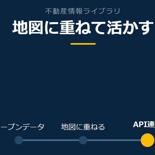 「地図に重ねて活かす」を示す図です。オープンデータ／地図に重ねる／API連携を並べています。強調しているのはAPI連携です。