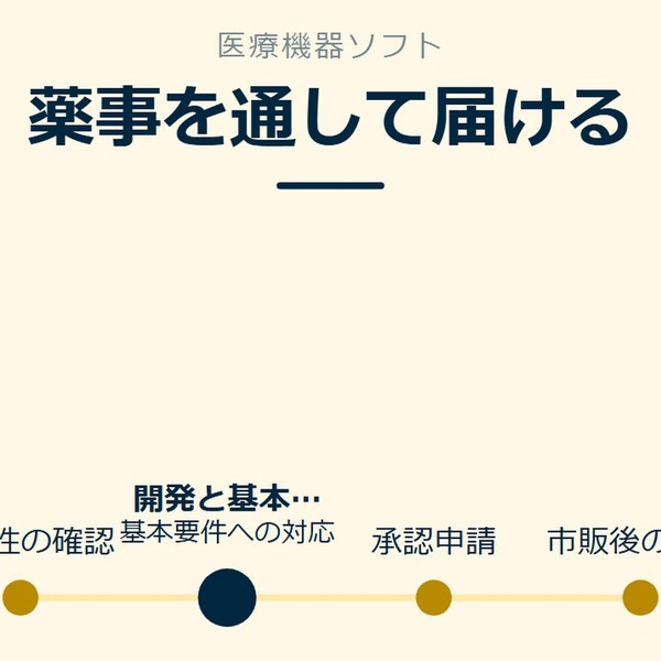 「薬事を通して届ける」を示す図です。該当性の確認／開発と基本要件／承認申請／市販後の改良を並べています。強調しているのは開発と基本要件です。基本要件への対応と添えています。