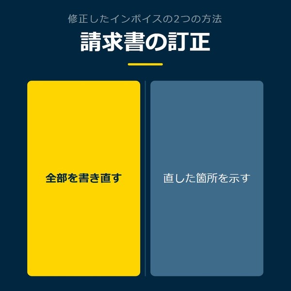 「請求書の訂正」を示す図です。全部を書き直す／直した箇所を示すを並べています。強調しているのは全部を書き直すです。