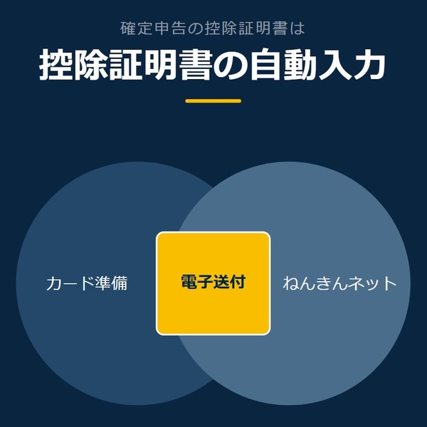「控除証明書の自動入力」を示す図です。カード準備／ねんきんネット／電子送付／自動入力を並べています。強調しているのは自動入力です。