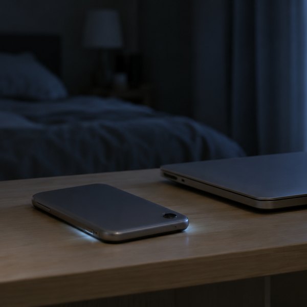 夜の部屋の棚の上で、伏せたスマートフォンの縁が通知で光り、閉じたノートパソコンが並ぶ