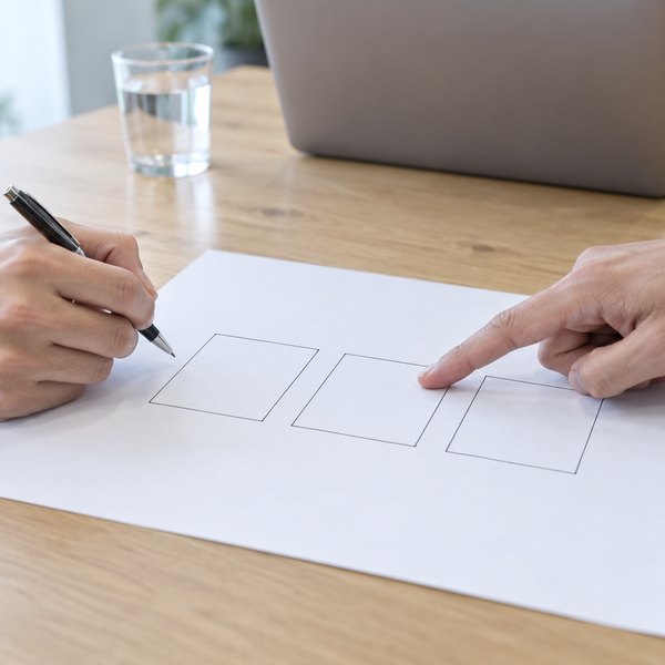 打ち合わせ机で、白い紙に描いた3つの四角を相手と指さして確かめる手元