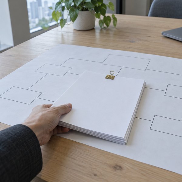 窓際の打ち合わせ机に広げた線と四角だけの構成図の上に、クリップで綴じた書類の束を置く手