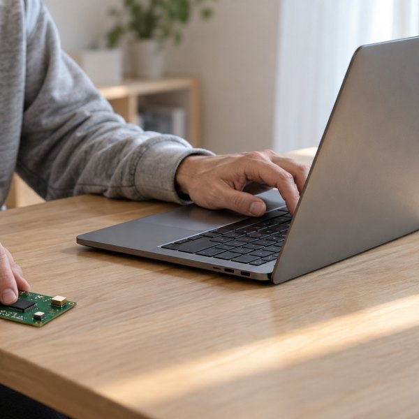 朝の自宅の机で、小さな基板を机の端に寄せ、もう片方の手でノートパソコンのキーボードを打つ