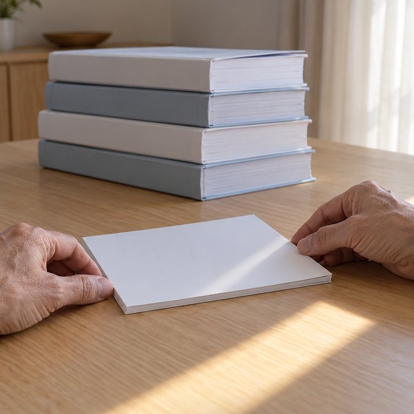朝のダイニングの机で、奥に積まれた厚いファイルを背に、薄い白い冊子を両手で手前に置く