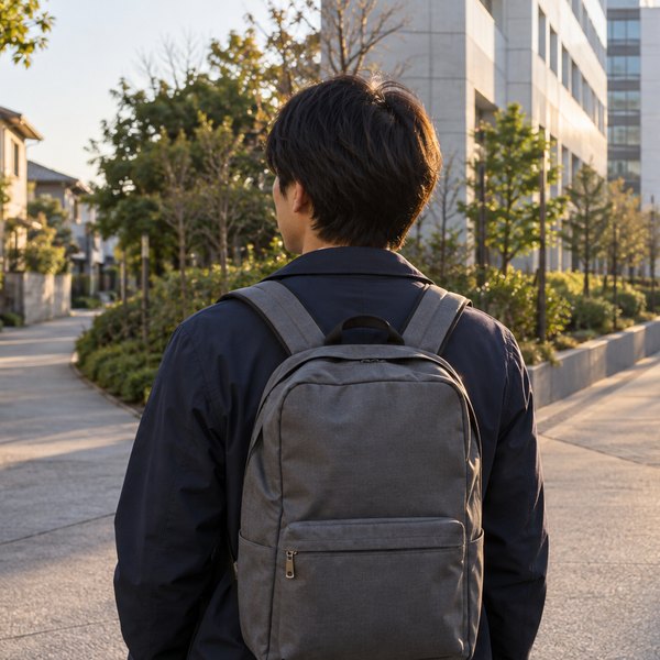 朝の街角で、住宅街とオフィス街に分かれる道の手前に立つ、リュックを背負った人の後ろ姿