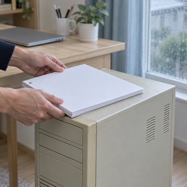 雨の日の作業部屋で、古びた小型のベージュ色の機械の天板に綴じた報告書を置く両手