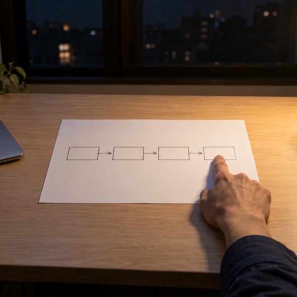 夜の机で、箱と矢印だけの流れ図の右端の箱を指す手元、卓上ライトとマグカップ