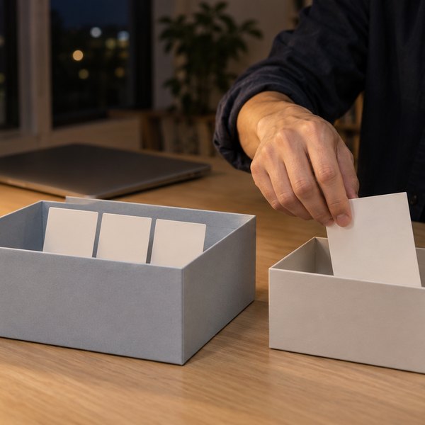 夜の机で、大きな箱にカード3枚が立ち、小さな箱にカードを入れる手元