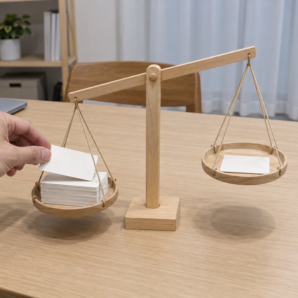 明るい机で、傾いた木製の天秤の重い側の皿にカードを載せる手