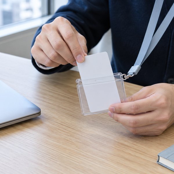 明るい机で、無地のカードを透明なカードホルダーに差し込む手元、左に閉じたノートパソコン