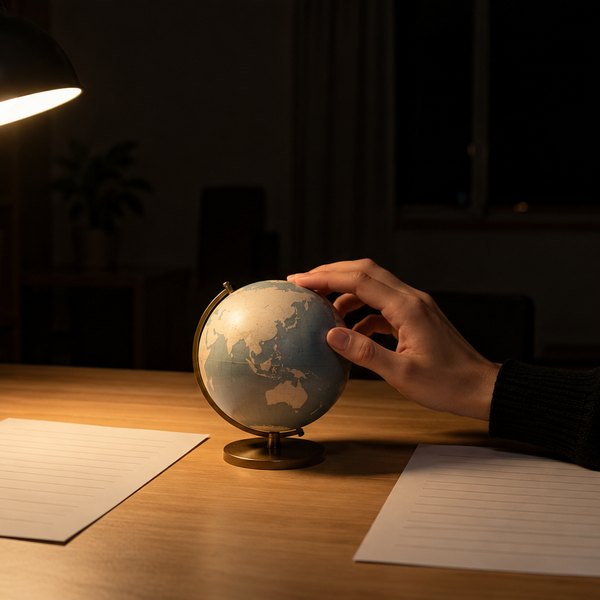 夜の暗い書斎で、デスクライトに照らされた小さな地球儀に手を添え、左右に罫線の書類