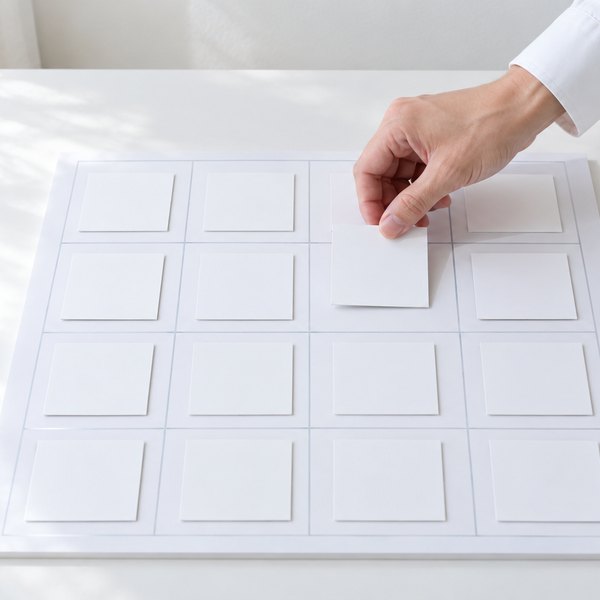 白く明るい部屋で、白いマス目の板に白いカードを置く手