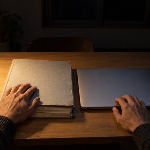 夜の暗い書斎で、デスクライトの下の古い分厚いファイルと閉じたノートパソコンに両手を置く