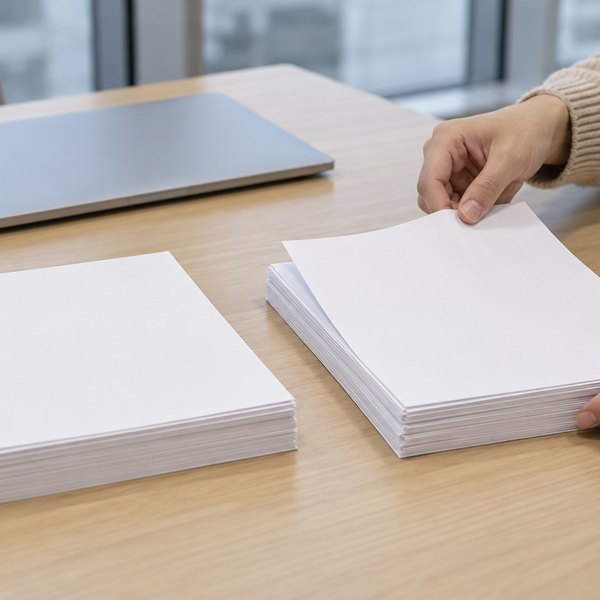 午後のオフィスの打ち合わせ机で、無地の書類を左右2つの山に仕分ける手元。奥に閉じたノートパソコン