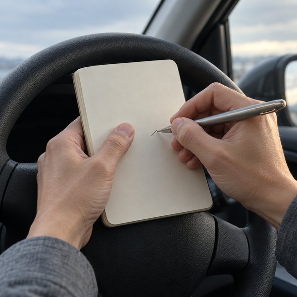 曇りの午後に駐車した車の運転席で、ハンドルの上で無地の小さなノートに1行書き込む手元