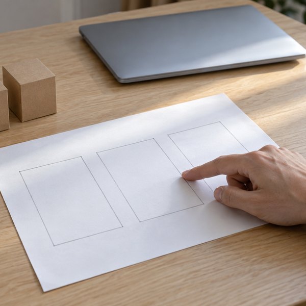 午後の机で、無地の紙に描いた画面の枠を指でなぞる手元。左に無地のクラフト紙の小箱3つ