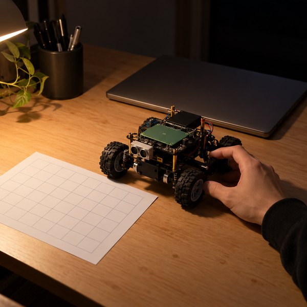 夜の暗い部屋のデスクライトの下で、小さな4輪の開発用ロボット台車に手を添え、横に升目の紙