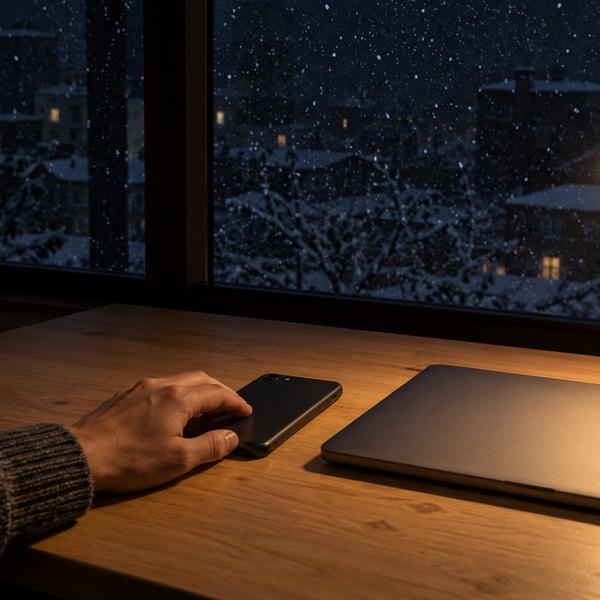 冬の夜、雪の降る窓の前の机でデスクライトだけが灯り、伏せたスマートフォンに手を添える