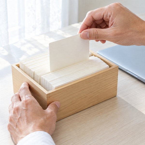 白く明るい部屋の机で、無地のカードが詰まった木のカードボックスから1枚を引き出す手