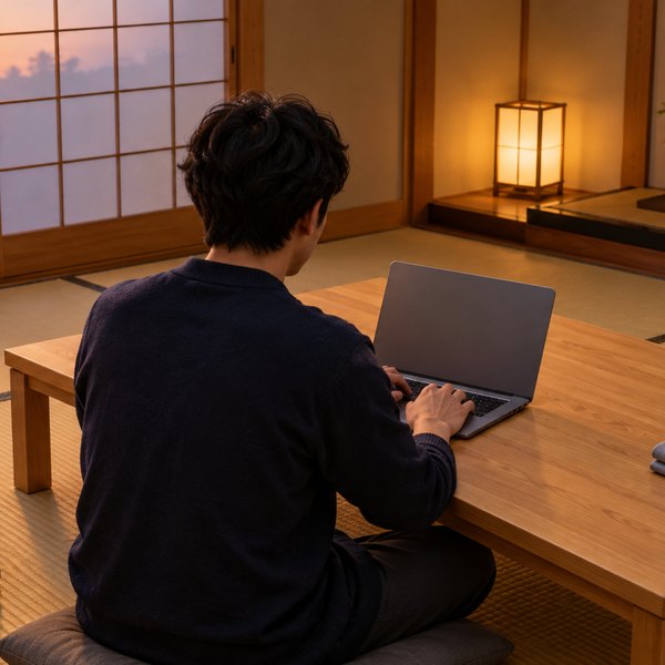 夕方の旅館の和室で、座卓のノートパソコンに向かう後ろ姿。畳んだ浴衣と畳の上の旅行かばん、障子越しの夕日