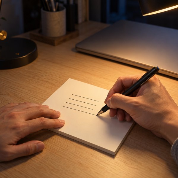 夜の机でデスクライトの下、無地のメモ帳に短い横線を4本書き出す手元。横に伏せたスマートフォン