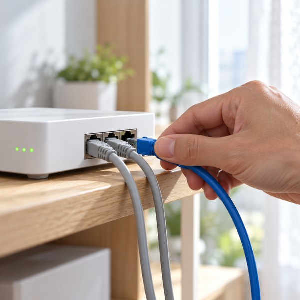 明るい窓際の棚で、緑のランプが点く白い小型のネットワーク機器に青いLANケーブルを差し込む手