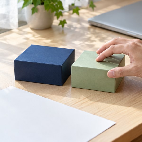 明るい窓際の机で、紺と薄緑の無地の小箱を並べ、薄緑の箱に指先を置く手。手前に無地の書面とペン
