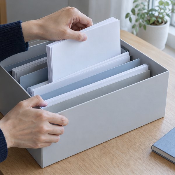 曇りの窓際の机で、仕切りのある書類箱から無地の書類の束を引き出す手元。横に伏せたスマートフォンと手帳