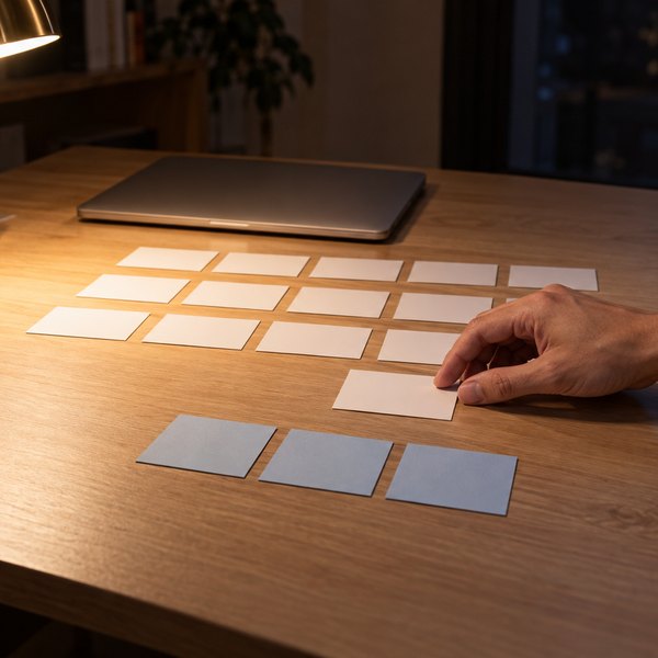 夜の机でデスクライトの下、何列も並んだ白い無地のカードから1枚を手前の青いカードの列へ引き寄せる手
