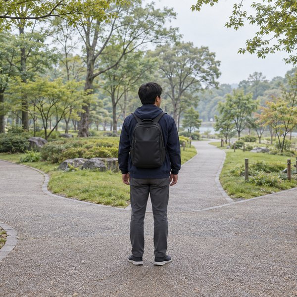 朝の公園で遊歩道が分かれる手前に立ち、進む道を見比べる後ろ姿の人物
