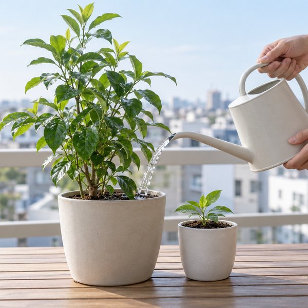 ベランダで背の高い鉢植えと小さな苗の鉢にじょうろで水をやる手