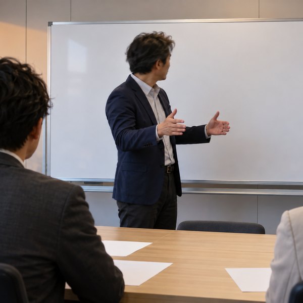 会議室で白紙のホワイトボードの前に立ち両手で範囲を示す人物と着席した2人の後ろ姿