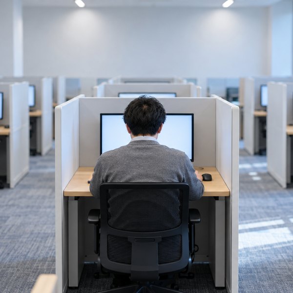 仕切られた席が並ぶ試験会場でモニターに向かう後ろ姿の受験者