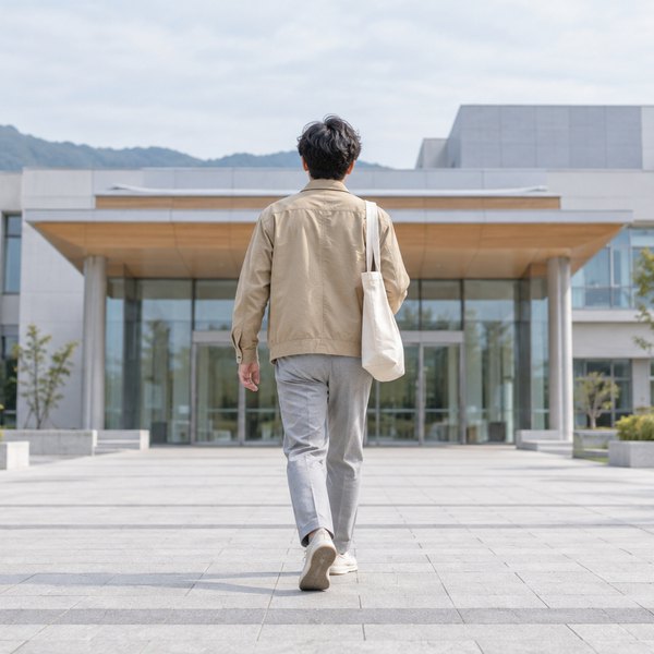 朝の庁舎のような建物へ広場を歩いて向かう後ろ姿の人物