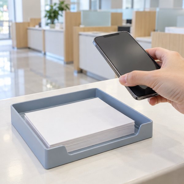 窓口のカウンターで白紙の書類のトレーの上にスマートフォンをかざす手