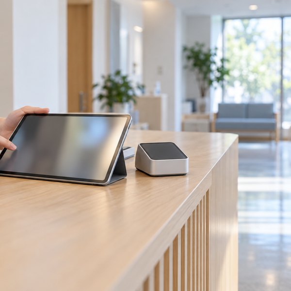 診療所の受付でタブレットと読み取り機を操作する手と待合の長椅子
