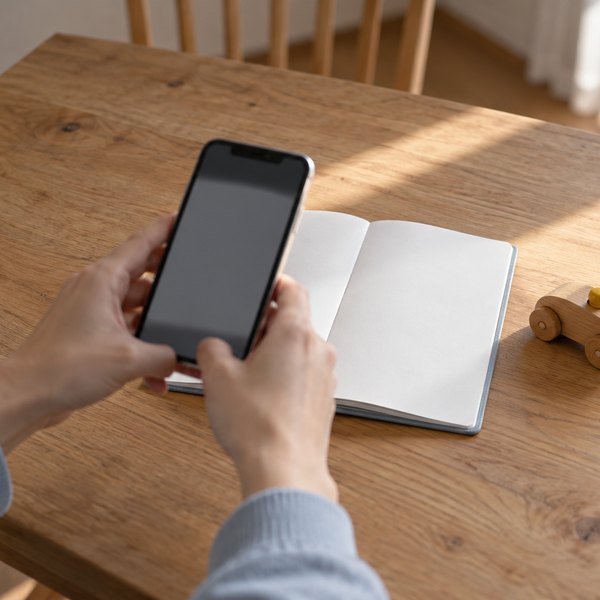 食卓で白紙の手帳をスマートフォンで撮影する両手と木のおもちゃの車