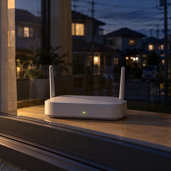 夜の住宅街を背に窓辺に置かれた無地のルーターと緑の表示灯