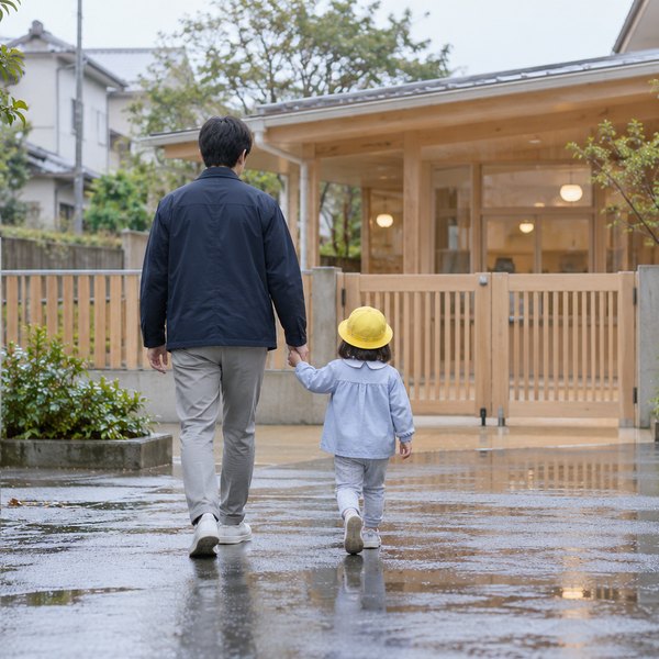 雨上がりの朝に保育園の門へ手をつないで歩く親子の後ろ姿