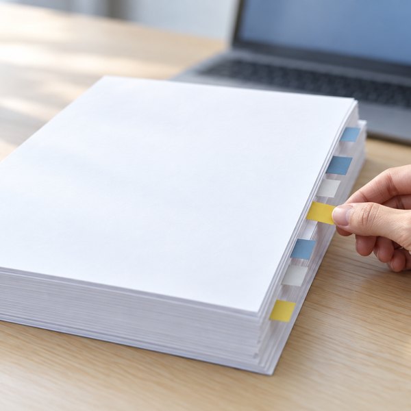 白紙の報告書の束に色付きのタブを貼る手とノートパソコン