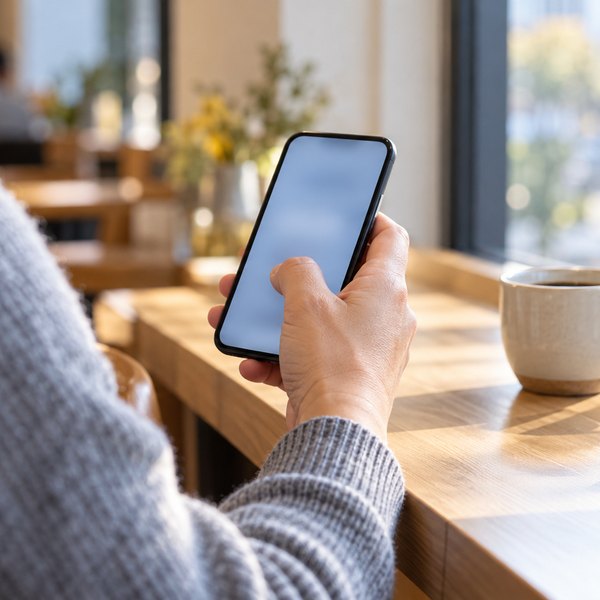 カフェの窓際でスマートフォンを操作する手とコーヒー