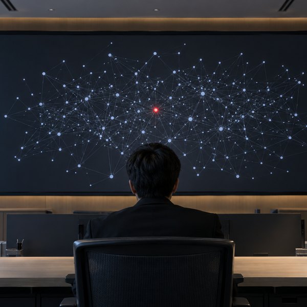 暗い部屋で点と線の網を映す大きな画面を見つめる後ろ姿