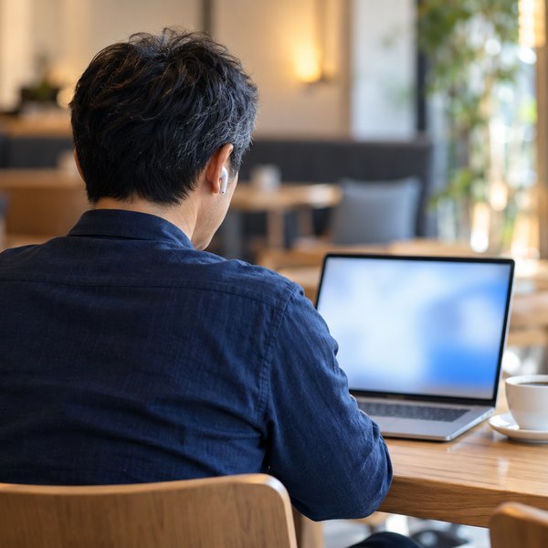 カフェでノートパソコンに向かいオンライン講習を受ける後ろ姿の人物