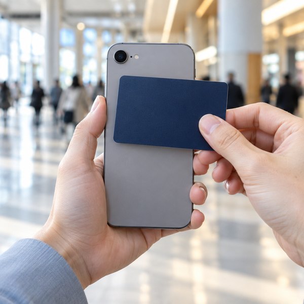 人が行き交う駅の構内でスマートフォンの背に無地のカードを重ねる手