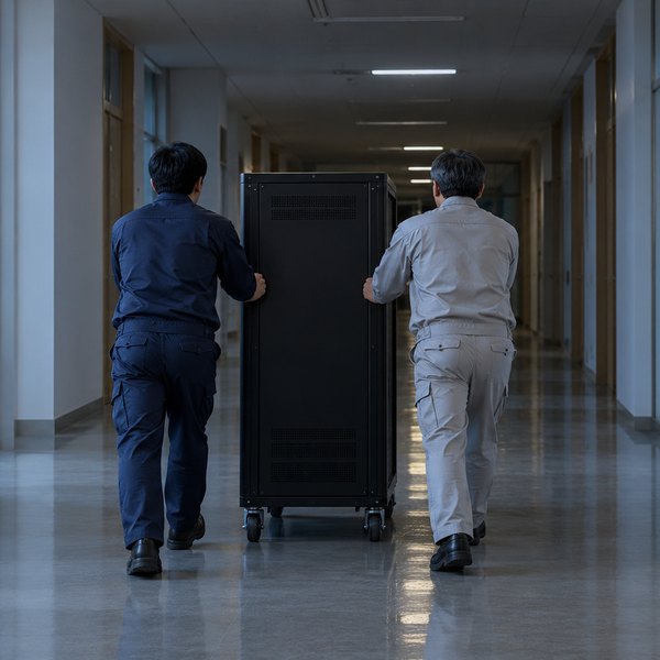 夕方の暗い廊下で黒いサーバーラックを押して運ぶ2人の後ろ姿