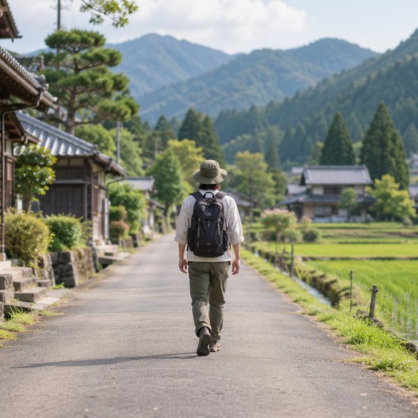 田んぼと古い家並みが続く地方の道を、リュックを背負った人が歩いている後ろ姿の写真です。住まいとは別の地域と関わる場面を表しています。